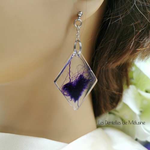 Boucles d'oreilles carrées résine upcycling violette